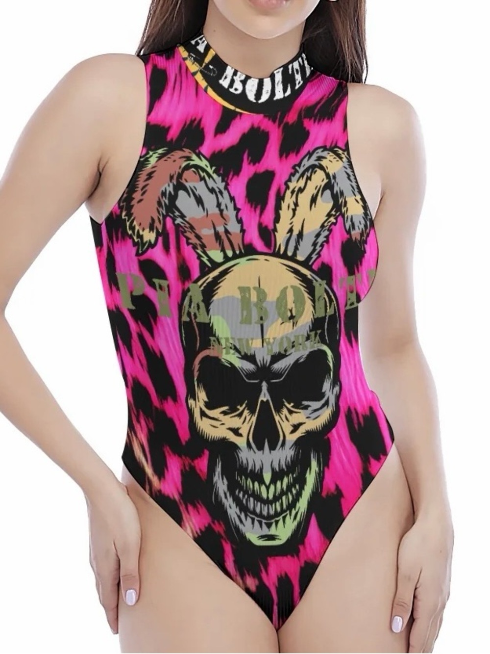 Designer Pia Bolte Pink Skull-Print One-Piece Bodysuit XS